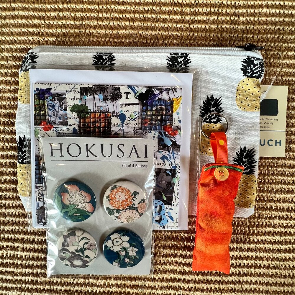 Hostess Gift Bundle, Pineapple Canvas Bag, Aloha Art Card, 4 Pins, Key Chain